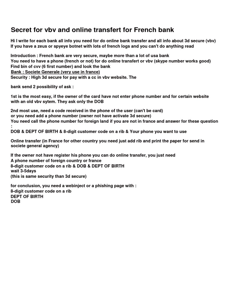 Secret For VBV and Online Transfert For French Bank PDF