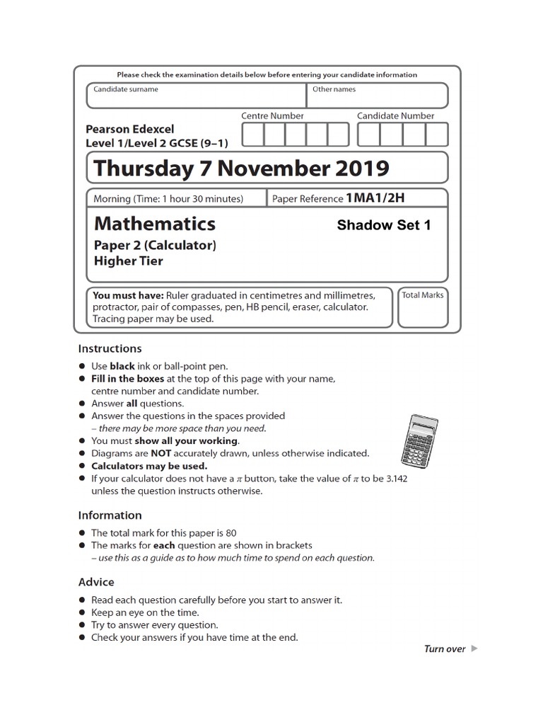 November 2019 Shadow Paper 2H Set 1 | PDF | Area | Geometry