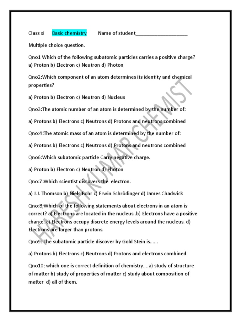 Basic 11 Chemistry - Mcqs | PDF