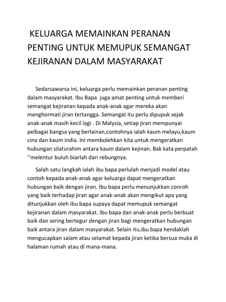 Isi Karangan Peranan Ibu Bapa Memupuk Semangat Kejiranan