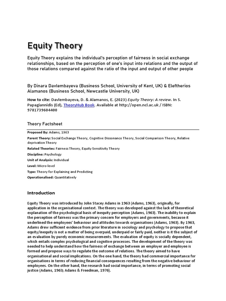 Equity Theory Pdf Psychology Psychological Concepts