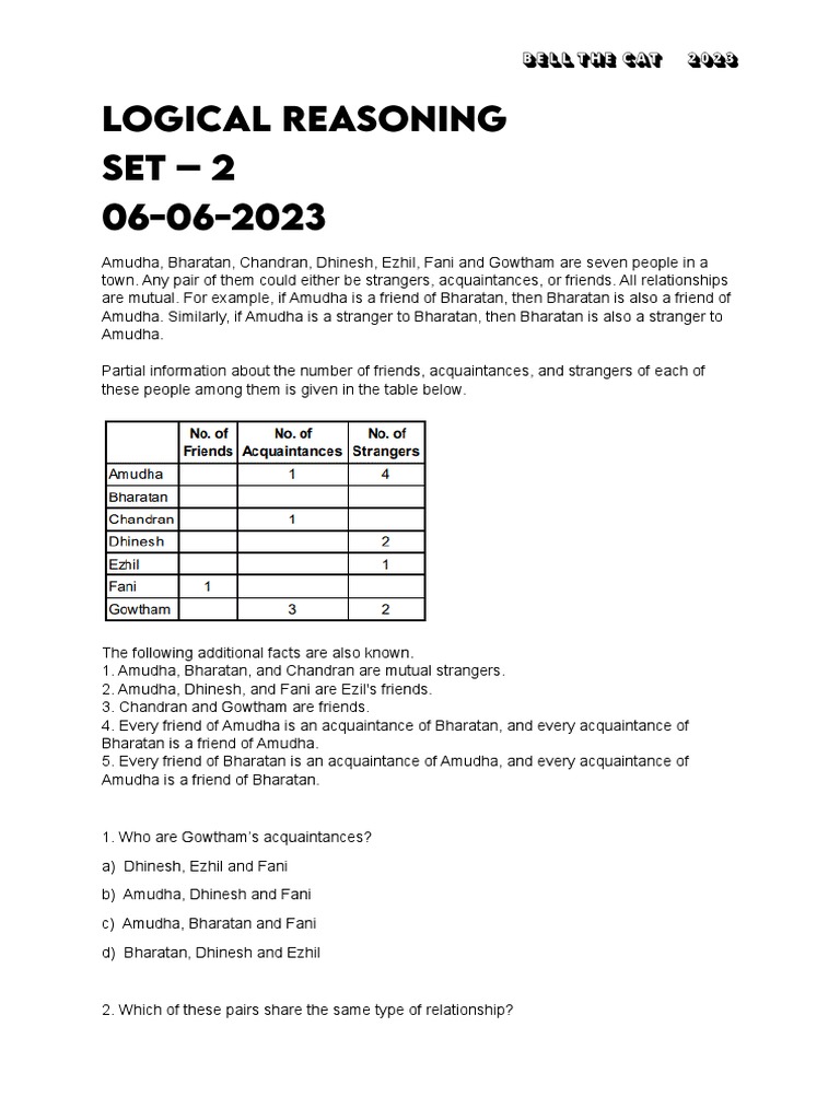 Logical Reasoning - WorkBook - 1 - CAT 2023 | PDF