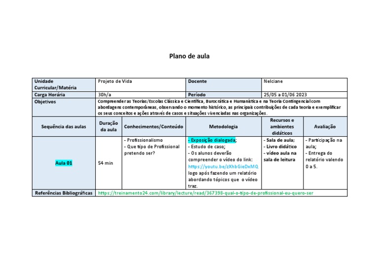 Plano de Aula: Projeto de Vida 30h | PDF | Lição | Cognição
