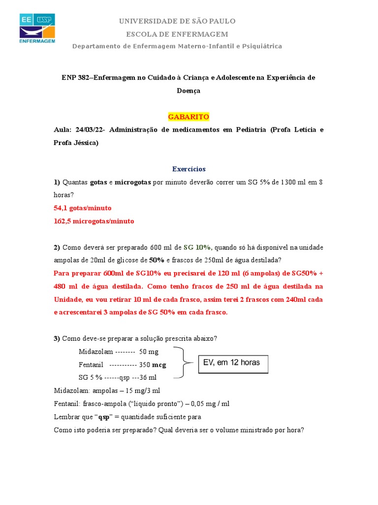 Gabarito - Exercícios Cálculo de Medicação | PDF | Química Medicinal ...