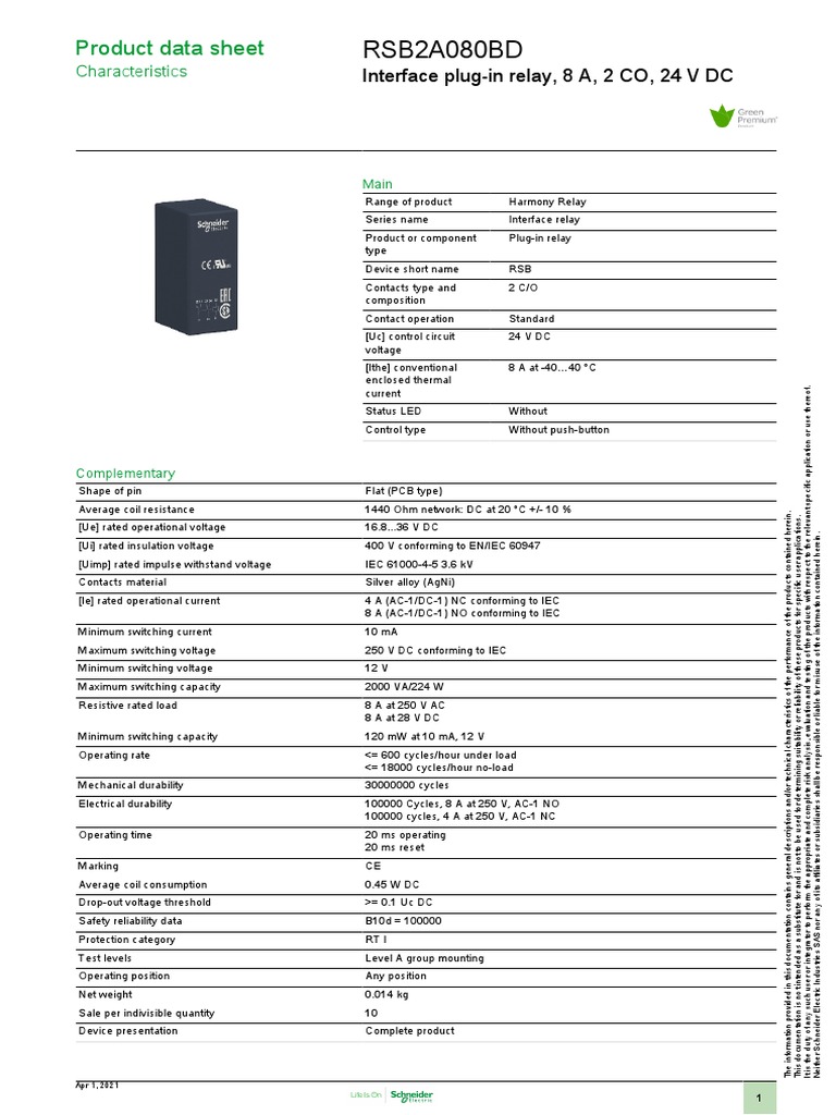Schneider-RSB2A080BD Eng Tds | PDF | Relay | Alternating Current