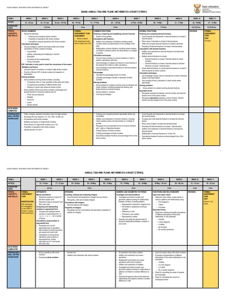Grade 7 Atp 202324 Mathematics With Dates PDF Shape Numbers