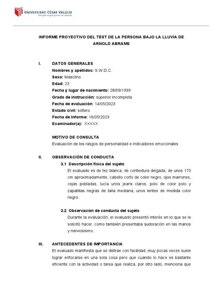Informe del Test de la Persona Bajo la Lluvia | PDF | Ansiedad | Las ...