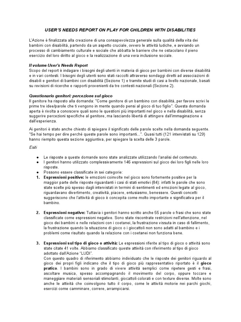 User's Needs Report On Play For Children With Disabilities | PDF