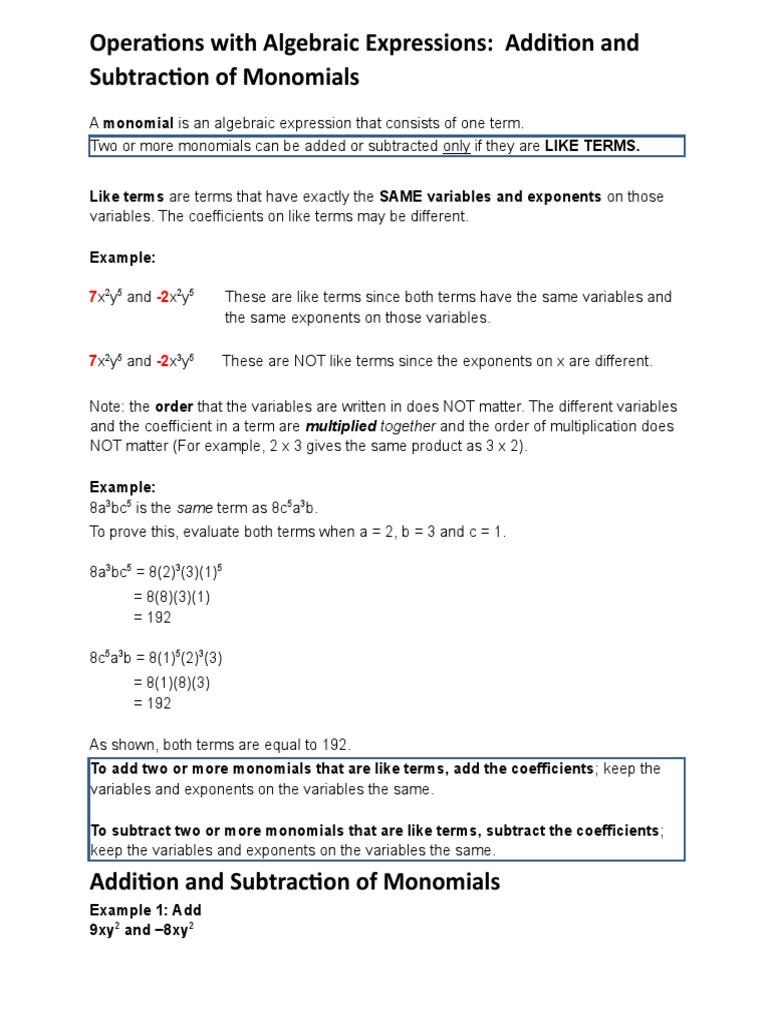 Algebraic Expressions in Addition and Subtraction of Monomials PDF