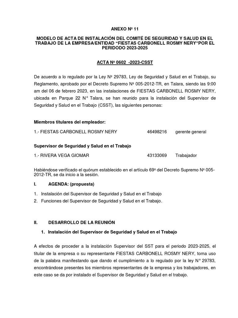 Acta de Instalación Comité SST 2023-2025 | PDF | Seguridad y salud ...