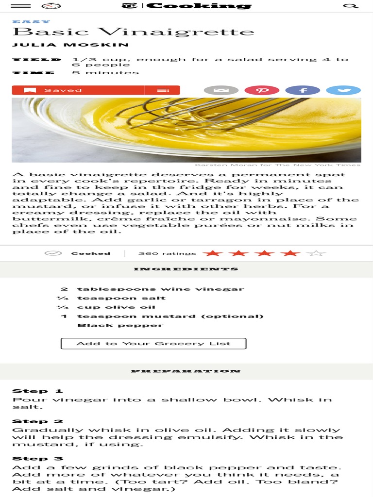 Basic Vinaigrette Recipe NYT Cooking PDF Vinaigrette Mustard