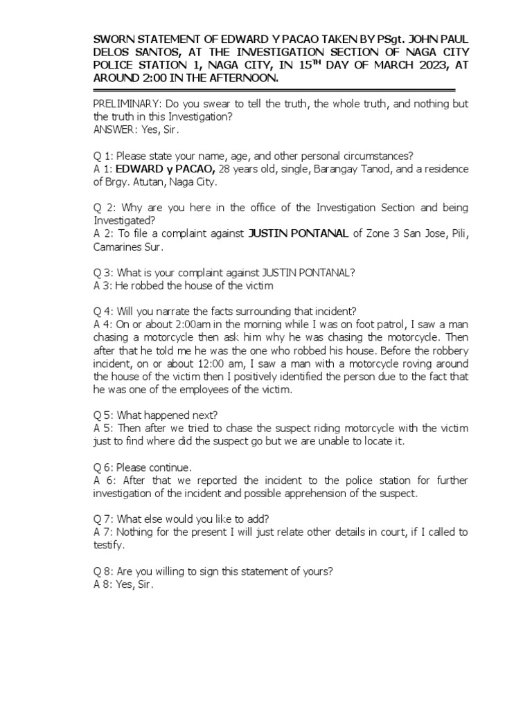 Sworn statement question and answer pdf affidavit legal procedure