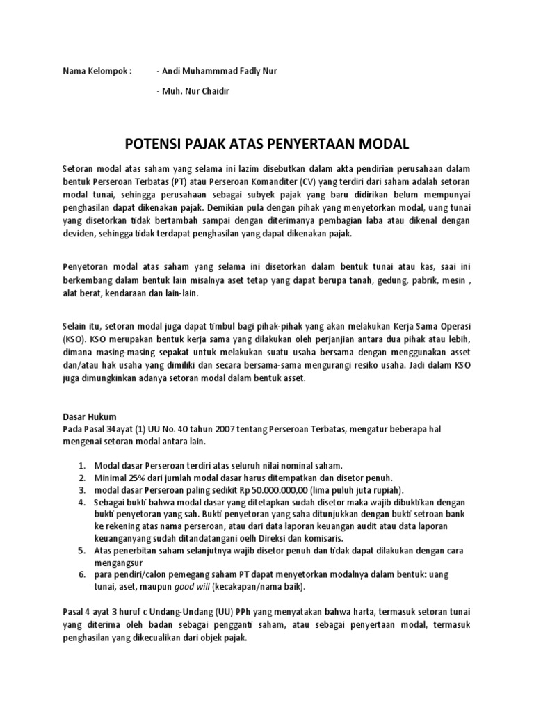 Pajak Setoran Modal dalam PT dan KSO | PDF | Pengelolaan Keuangan & Uang