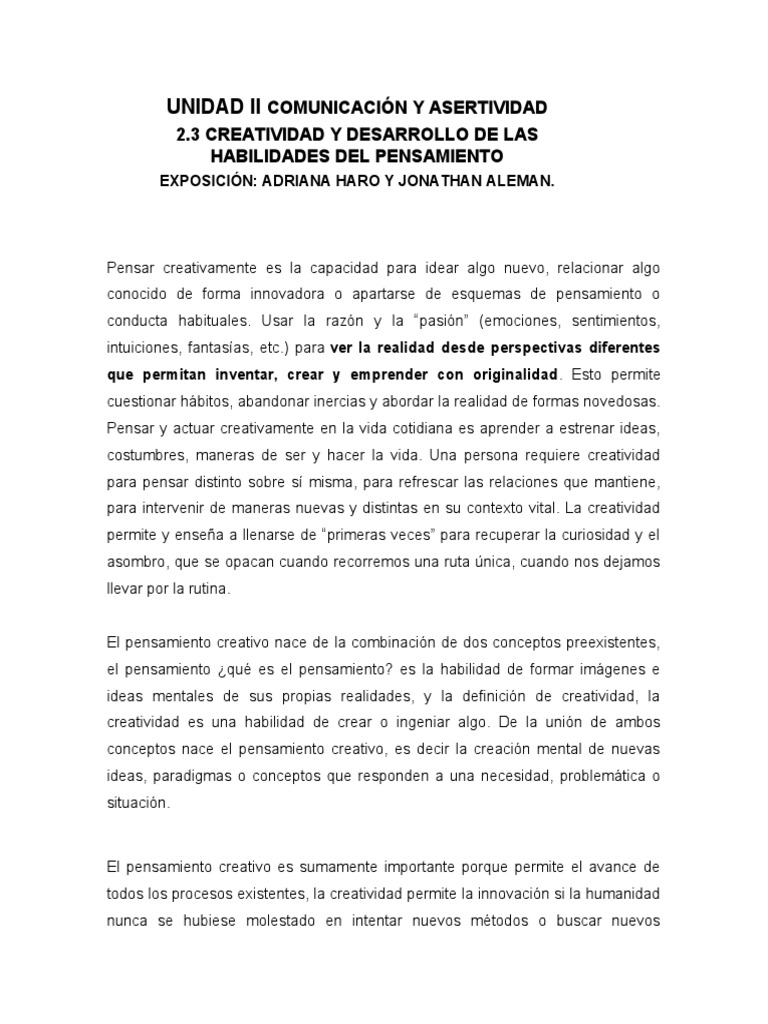 Creatividad y Habilidades del Pensamiento | PDF | Pensamiento | Creatividad