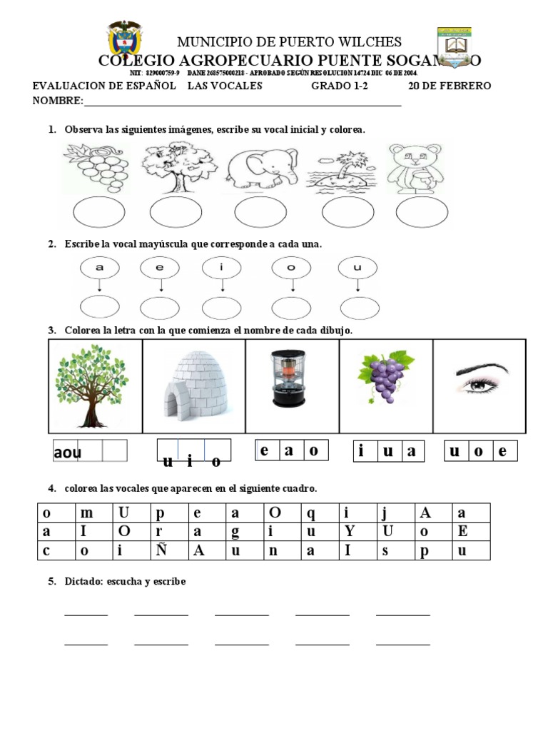 Evaluación de Vocales para Primero | PDF | Artes del Lenguaje y ...