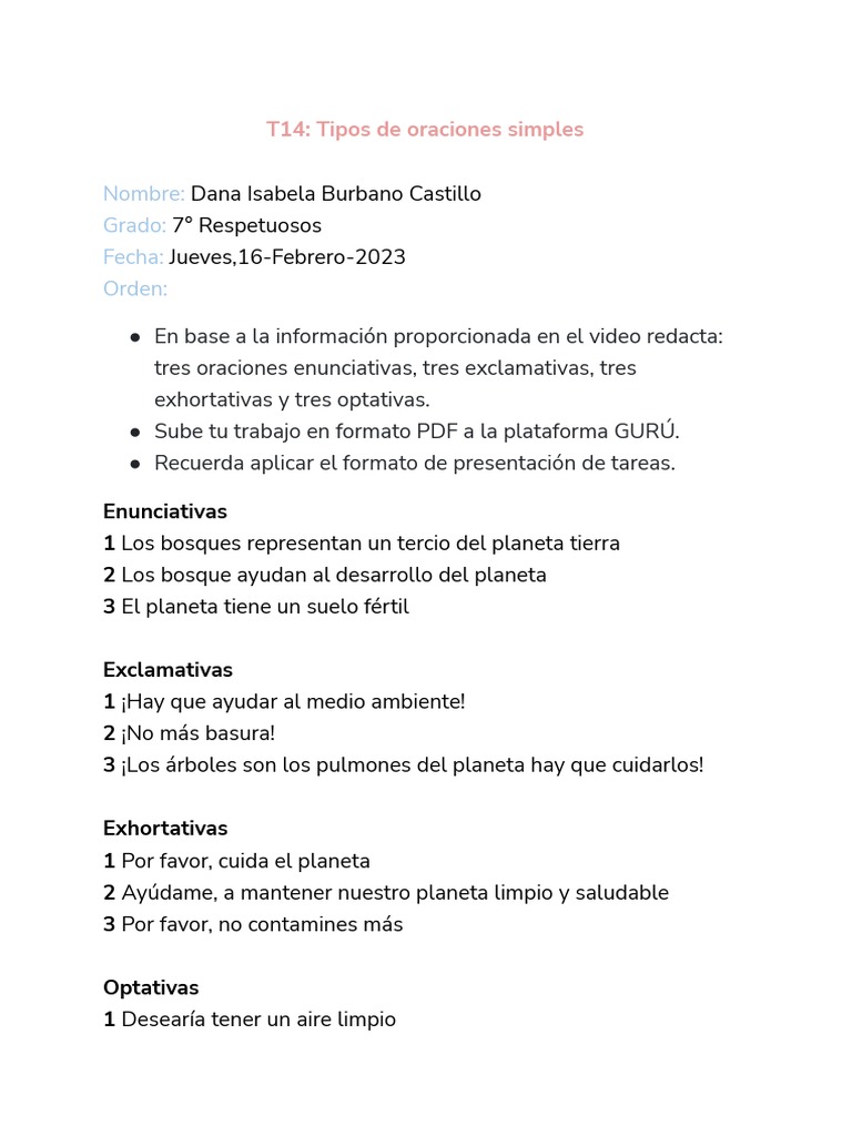 T14 Tipos De Oraciones Simples Pdf