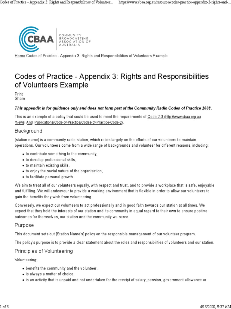 Codes of Practic Rights and Responsibilities of Volunteers PDF