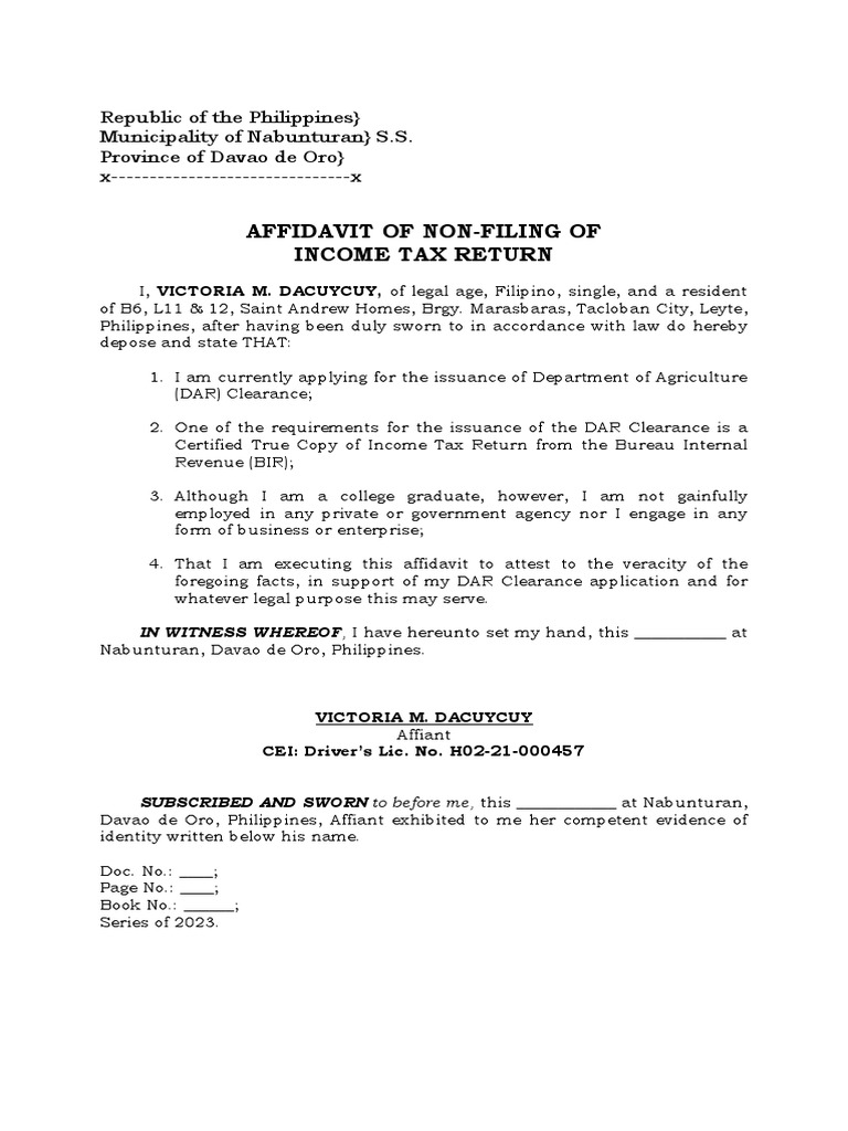Affidavit of No ITR PDF