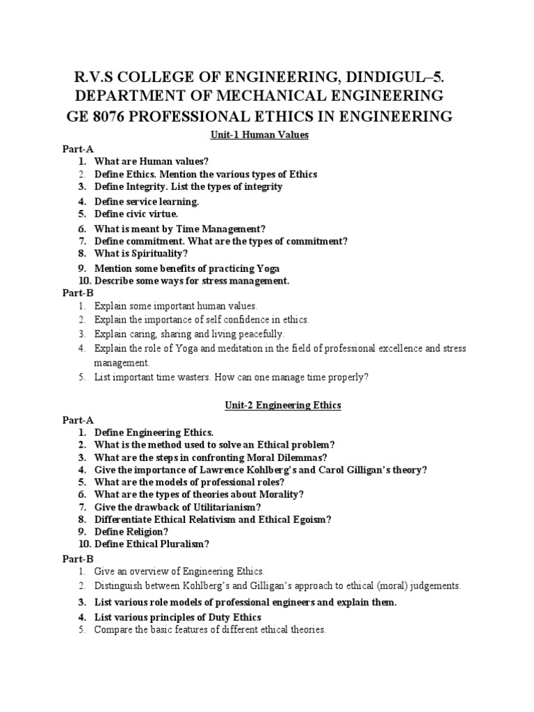 Professional Ethics Model Exam Question Bank Unit 1-5 | PDF | Risk ...