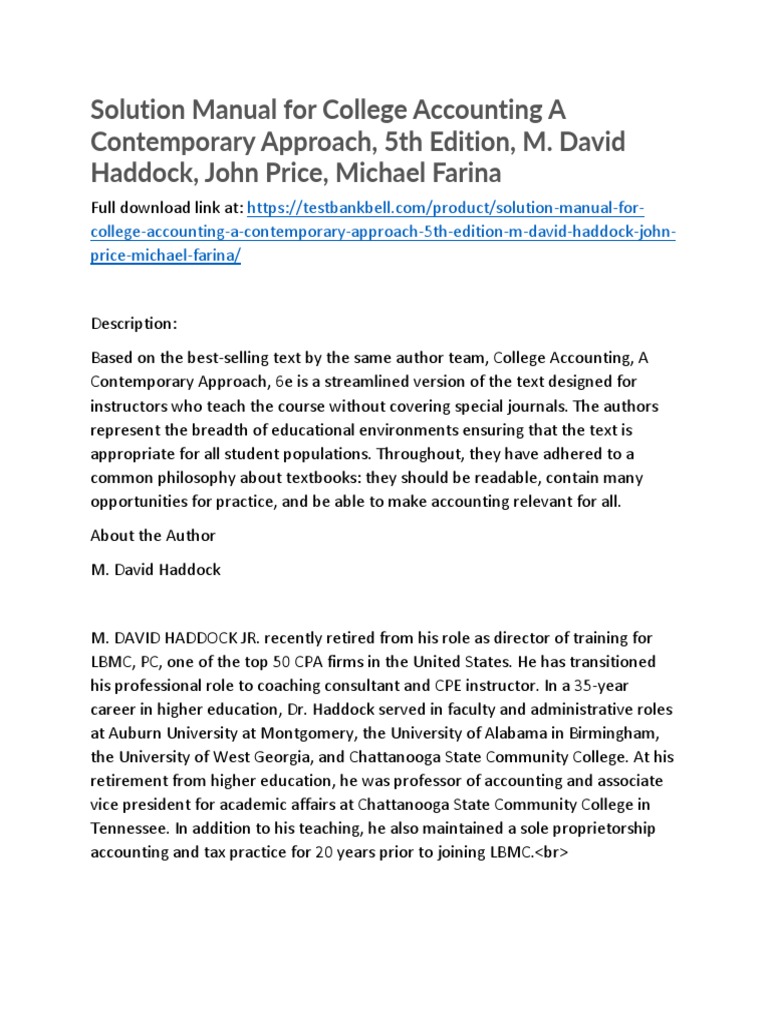 Solution Manual For College Accounting A Contemporary Approach 5th