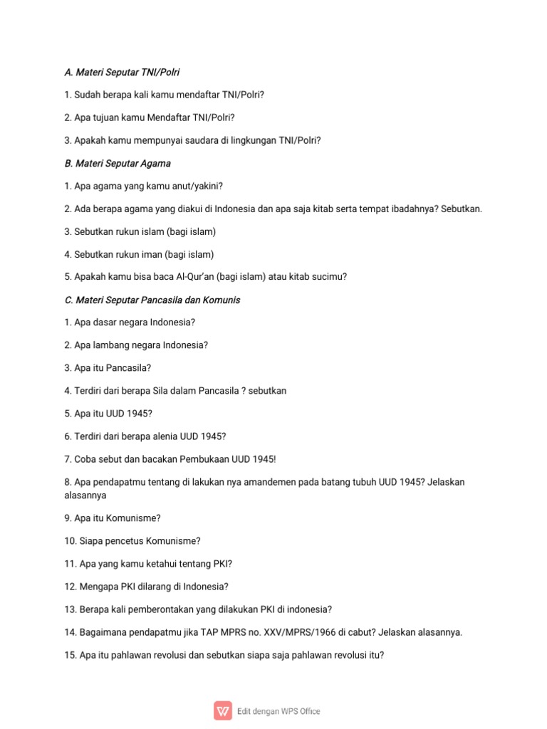 Contoh Tes Wawancara Tamtama Tni Ad | PDF