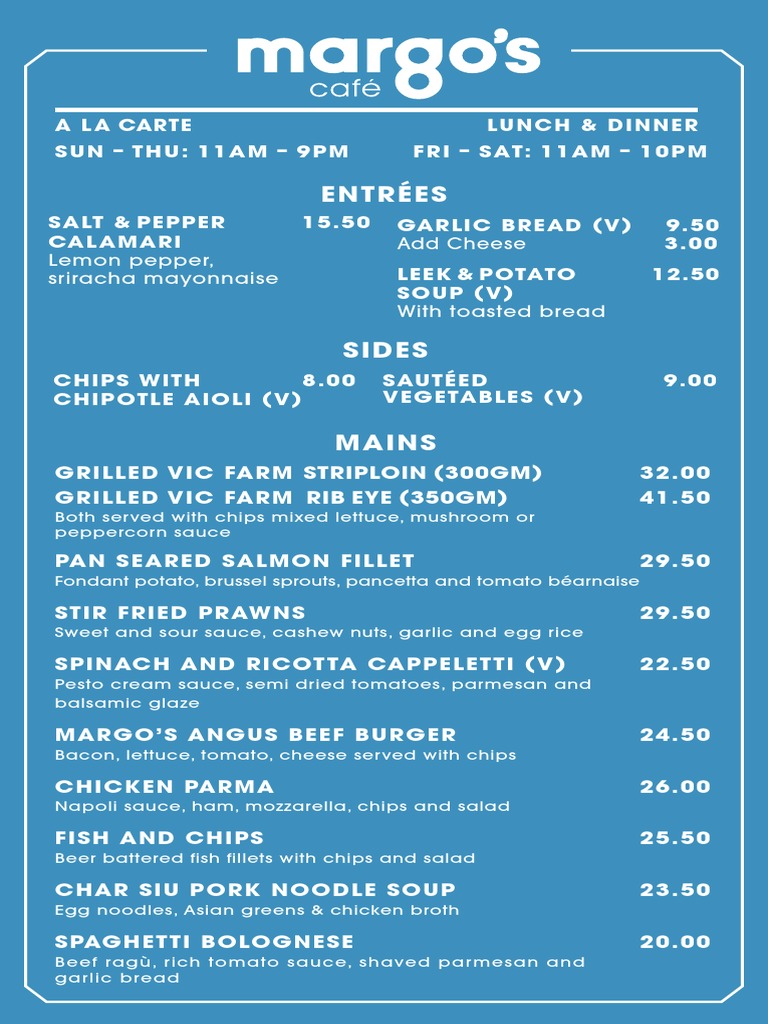 Crown Melbourne Restaurants Margos A La Carte Menu PDF