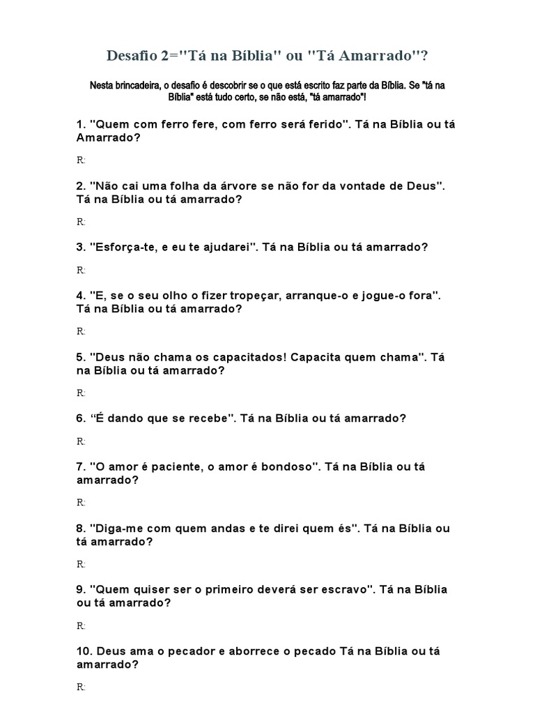 Quiz Bíblico - 224 Perguntas e Respostas! Retiro.com.br