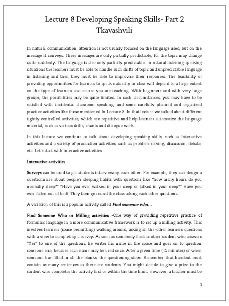 Lecture 8 Developing Speaking Skils Part 2 | PDF | Learning | Lecture