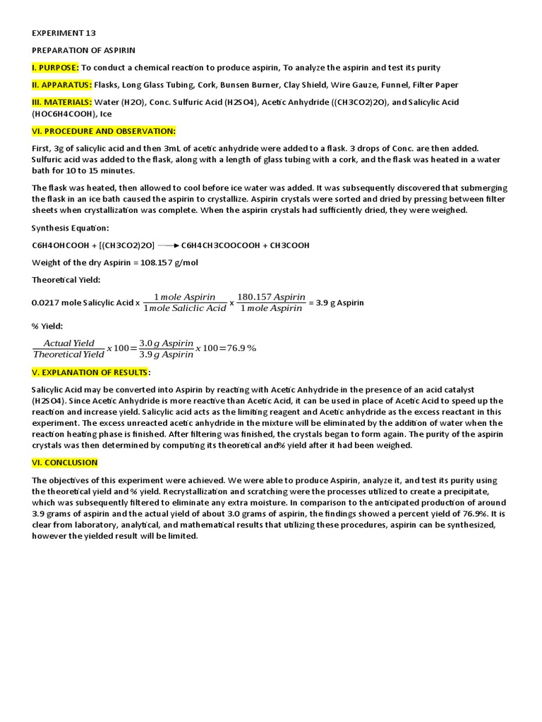 Lab Report Experiment 13 | PDF | Aspirin | Acetic Acid