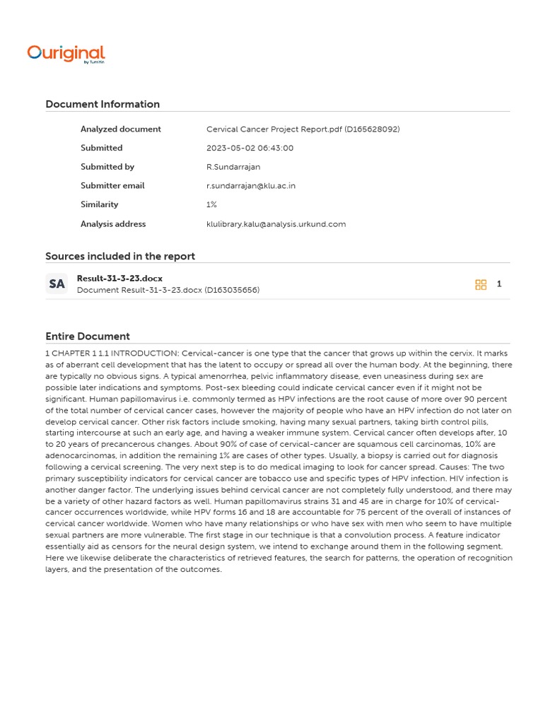 Ouriginal Report - Cervical Cancer Project Report - PDF (D165628092 ...