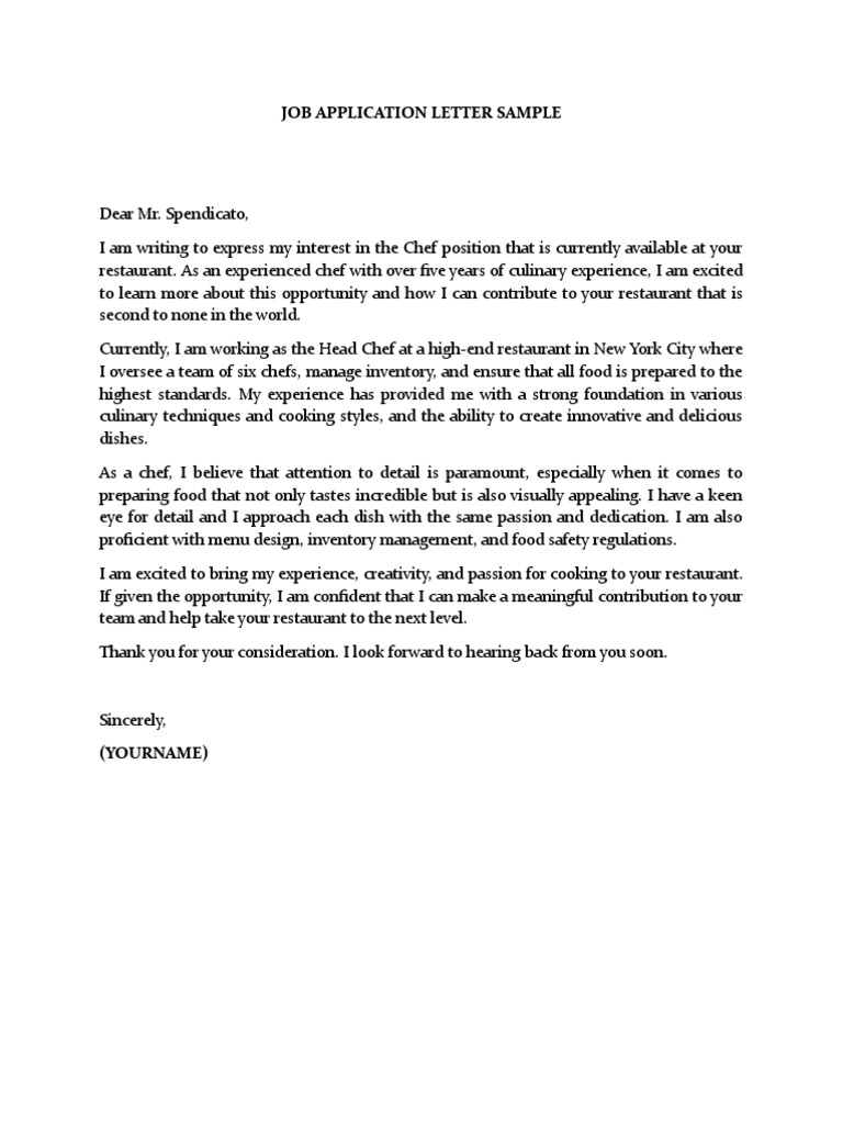 Chef Job Application Letter Sample | PDF