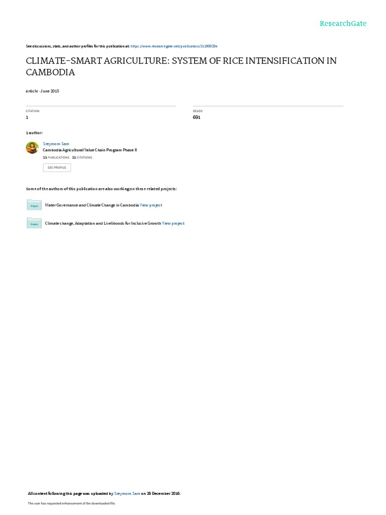 Climate Smart Agriculture System Of Rice Intensification In Cambodia