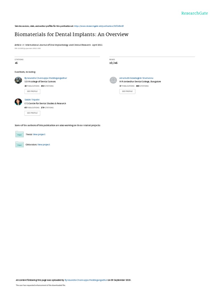 Biomaterialsfor Dental Implants An Overview PDF Titanium Biomaterial