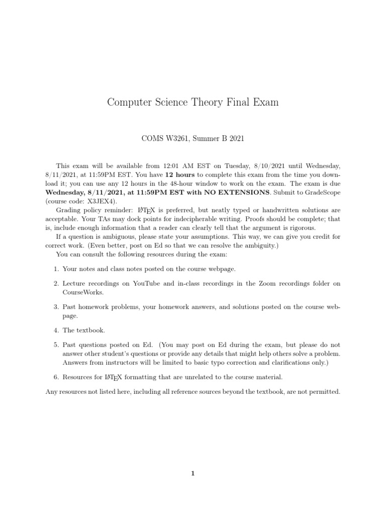Computer Science Theory Final Exam | PDF | Applied Mathematics ...
