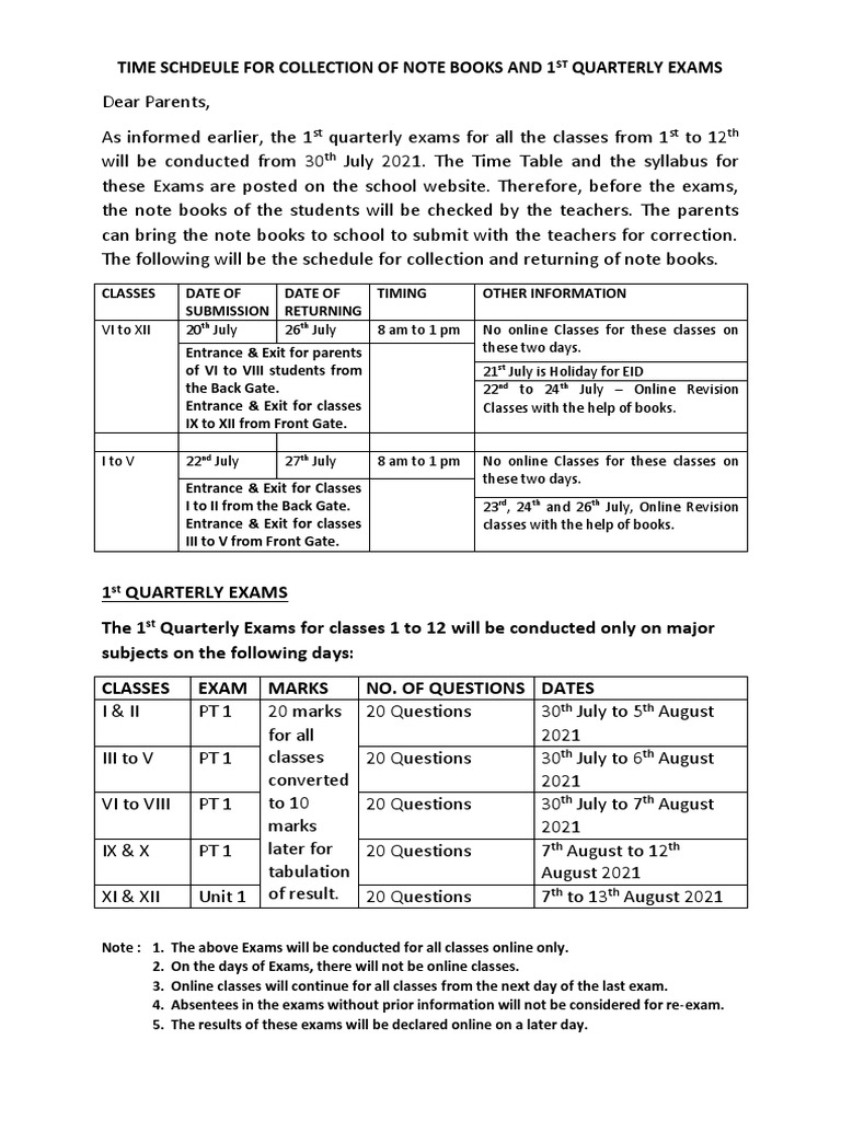 Notebook Collection and Exam Schedule | PDF
