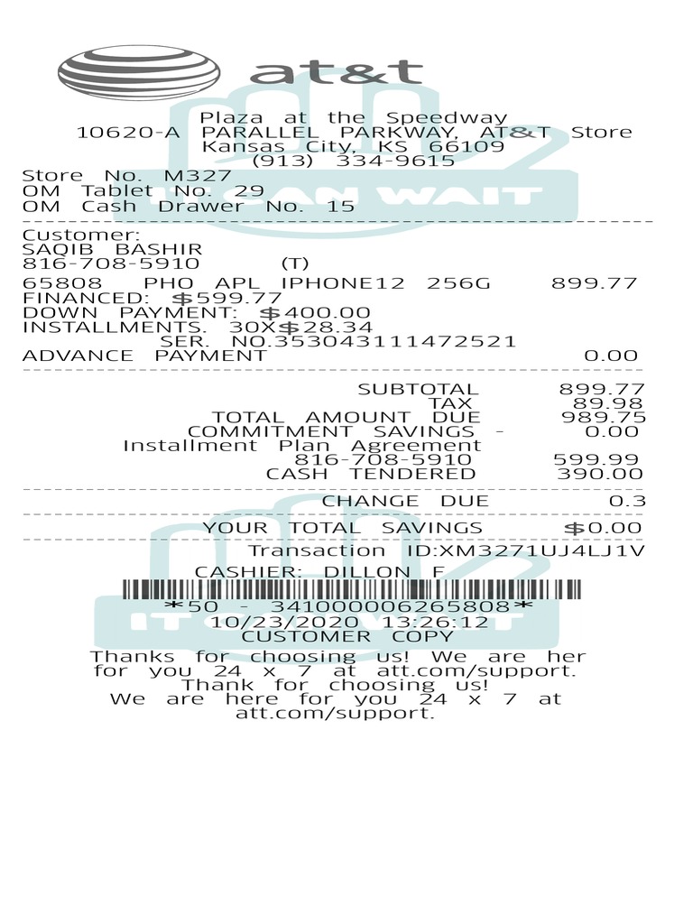 AT&T Store Purchase Receipt Summary | PDF
