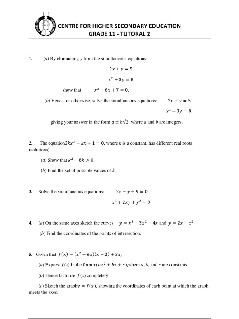 Grade 11 Math Tutorial Solutions | PDF | Mathematical Relations | Equations