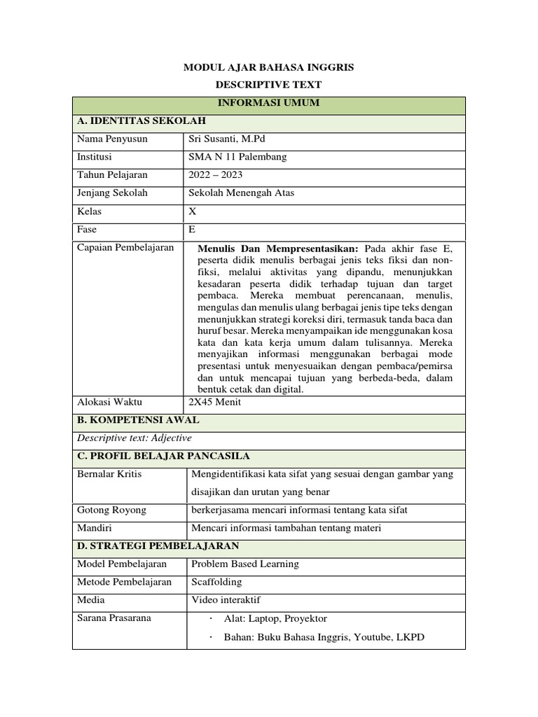 Modul Descriptive Text Kelas 10 | PDF