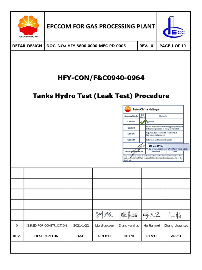 HFY38000000MECPD0005 0 Tanks Hydro Test (Leak Test) Procedure CODE A PDF Leak Valve