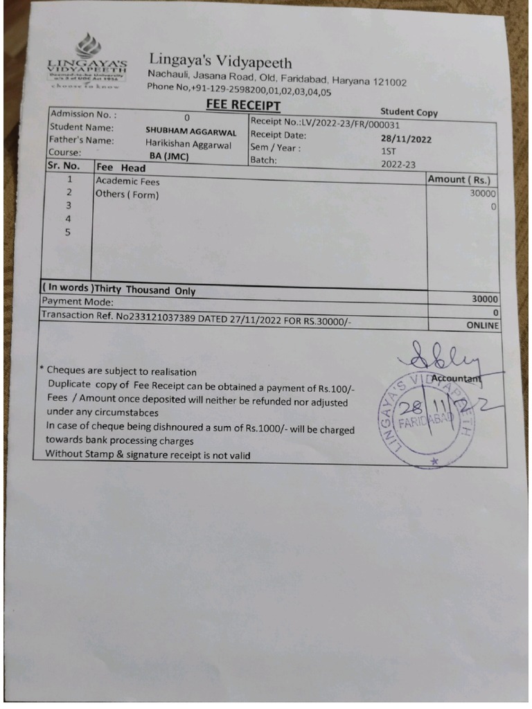 Fees Receipt Lingaya's College | PDF