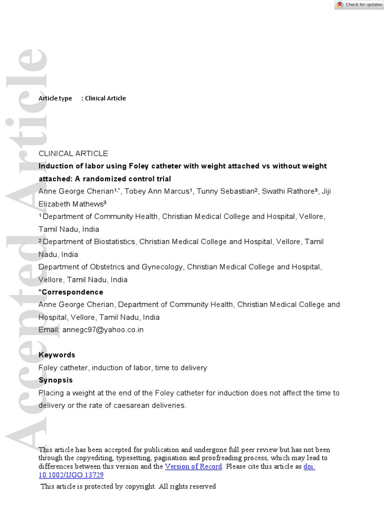 Induction of Labor Using Foley Catheter With Weight Attached Vs Without