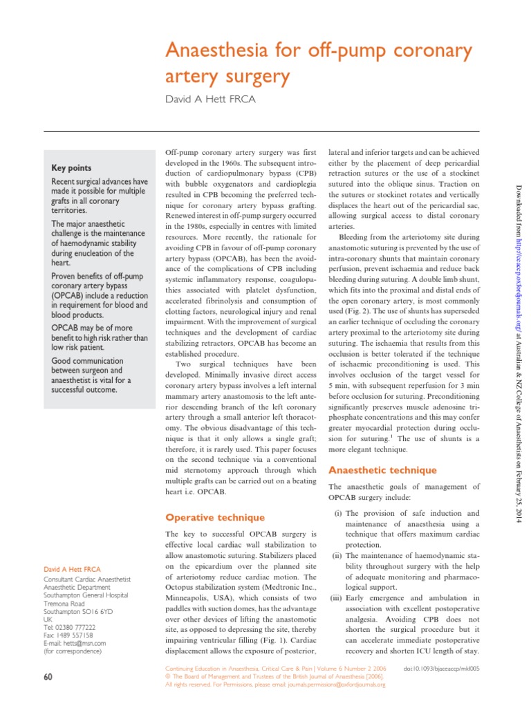 Anaesthesia For Off Pump Cardiac Surgery | PDF | Coronary Artery Bypass ...