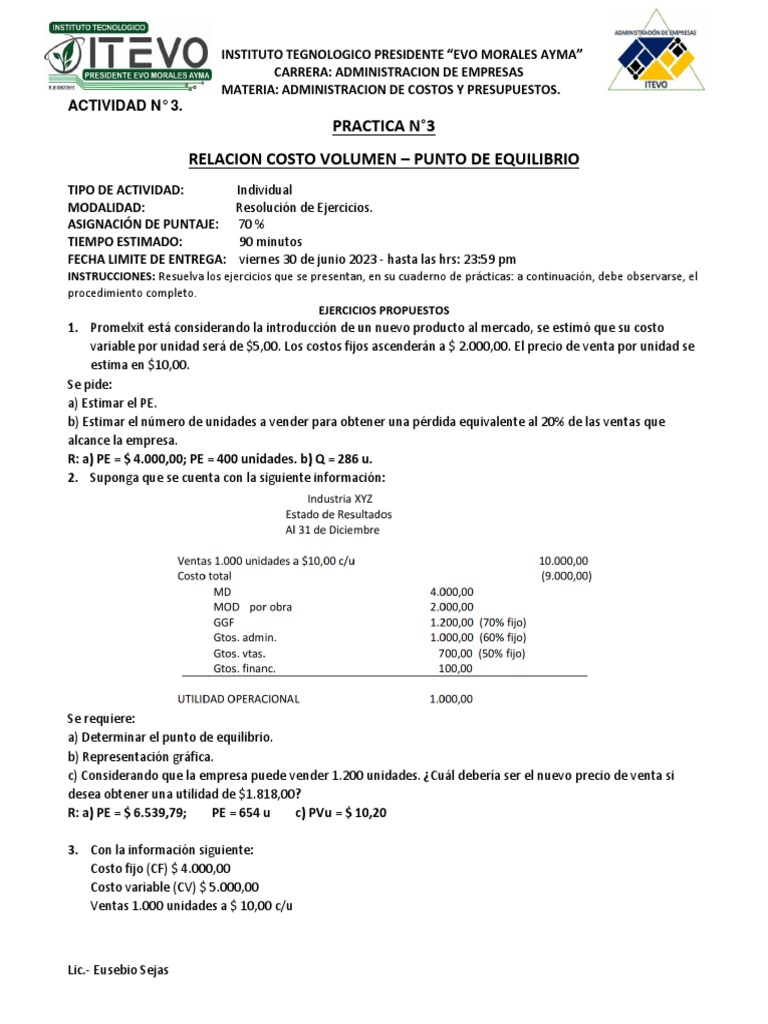 Ejercicios de Punto de Equilibrio en Costos | PDF | Presupuesto ...