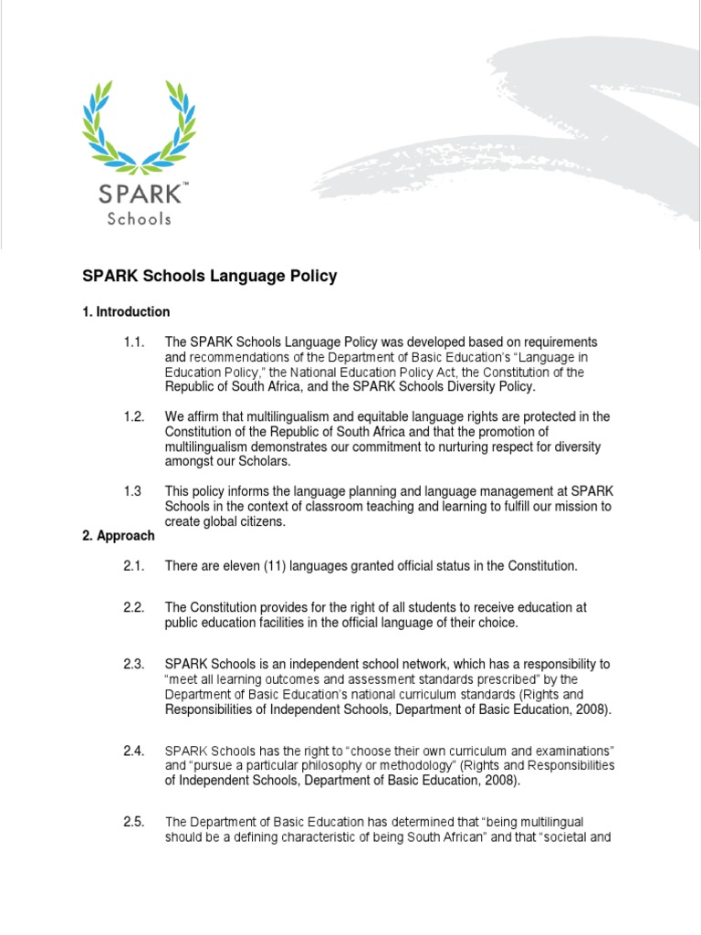 SPARK Schools Language Policy Overview | PDF | Multilingualism | Curriculum
