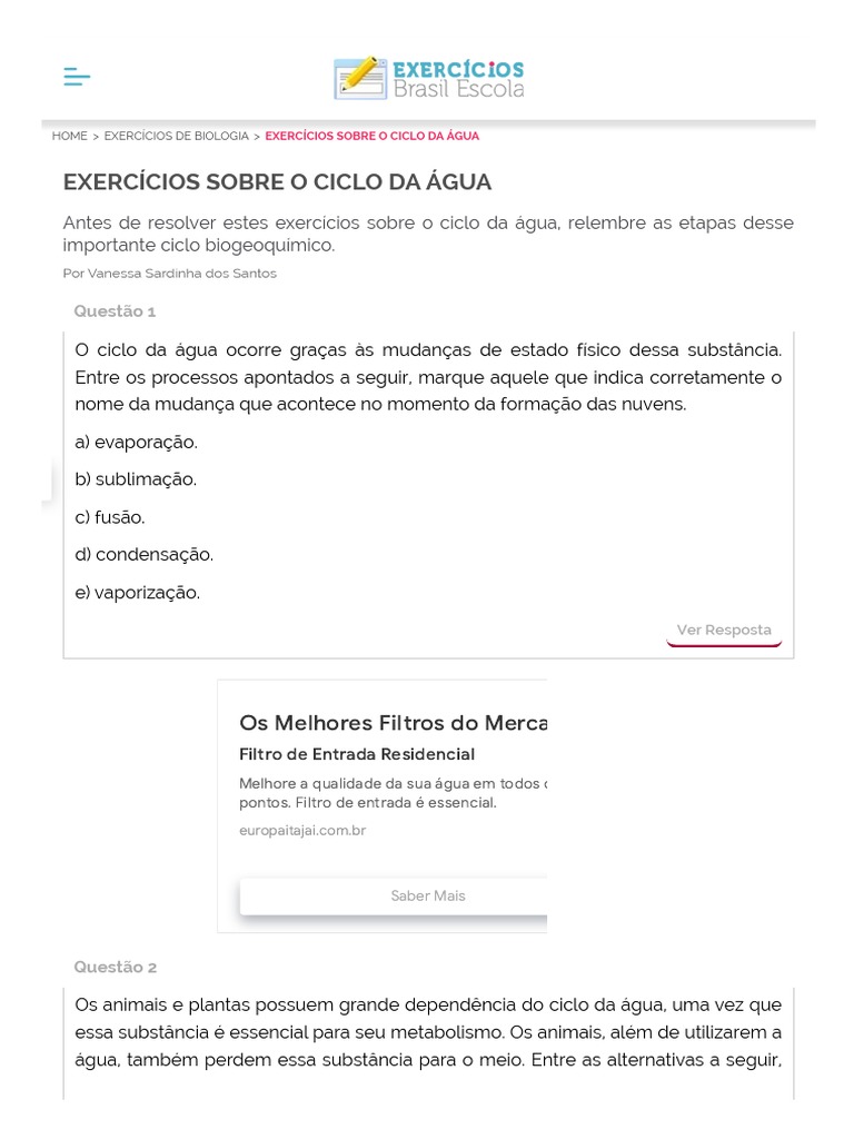 Exercícios Sobre o Ciclo Da Água - Brasil Escola | PDF | Ciclo da água ...