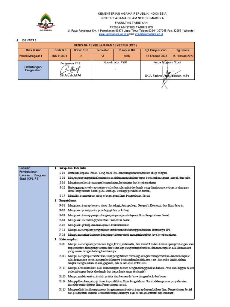 RPS Praktik Mengajar 1 Ok | PDF