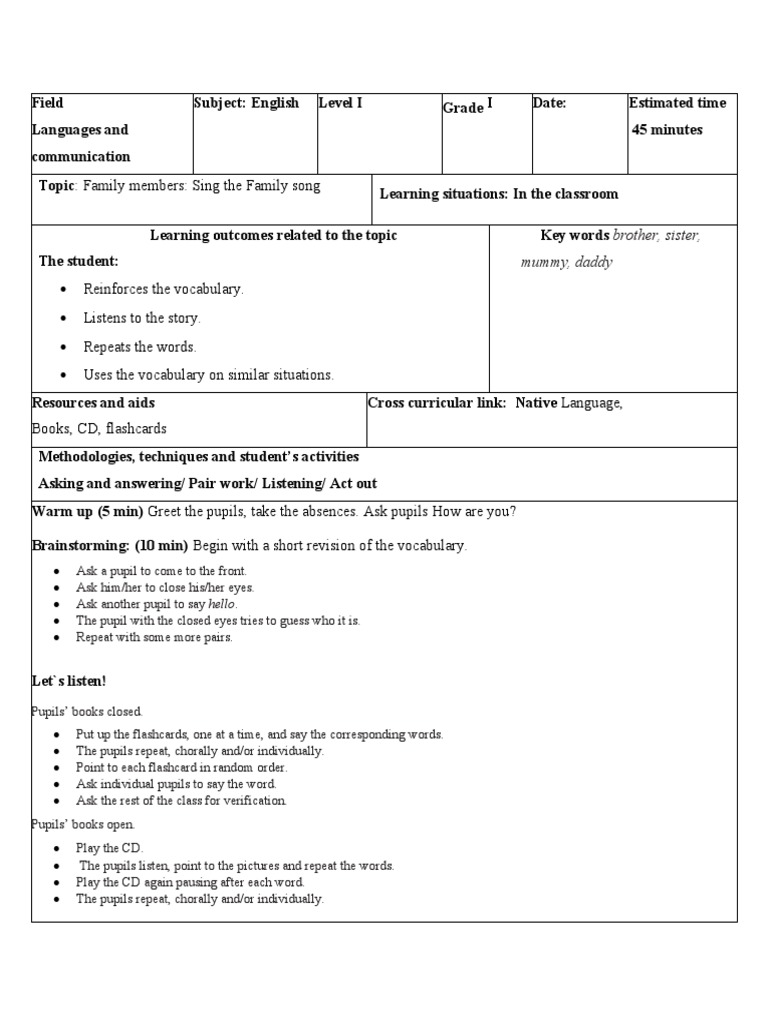 Family Vocabulary Lesson Plan for Kids | PDF | Vocabulary | Communication
