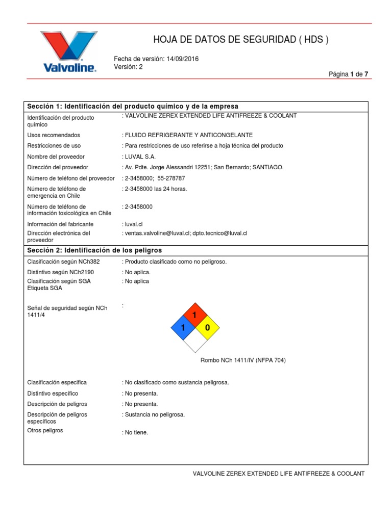 Hds Zerex Extended Life Antifreeze & Coolant PDF Agua Hidrocarburos