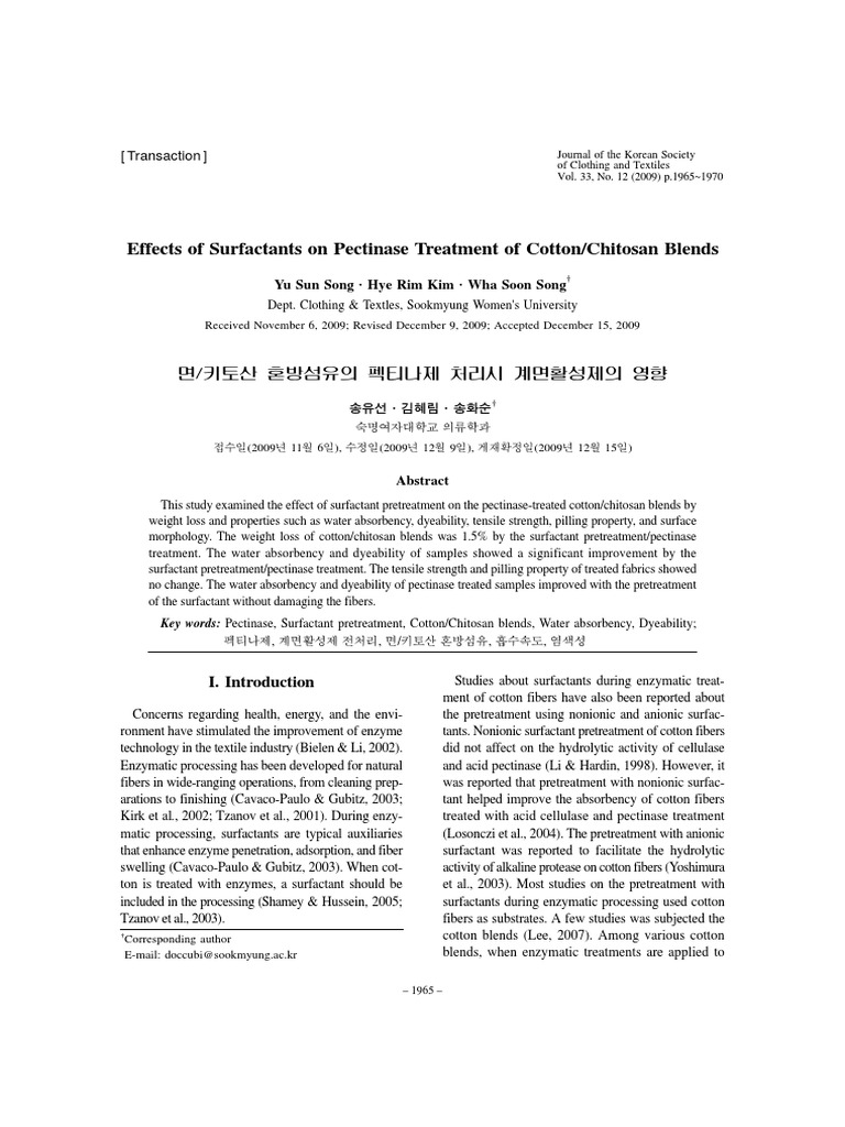Effects of Surfactants On Pectinase Treatment of CottonChitosan Blends PDF Textiles