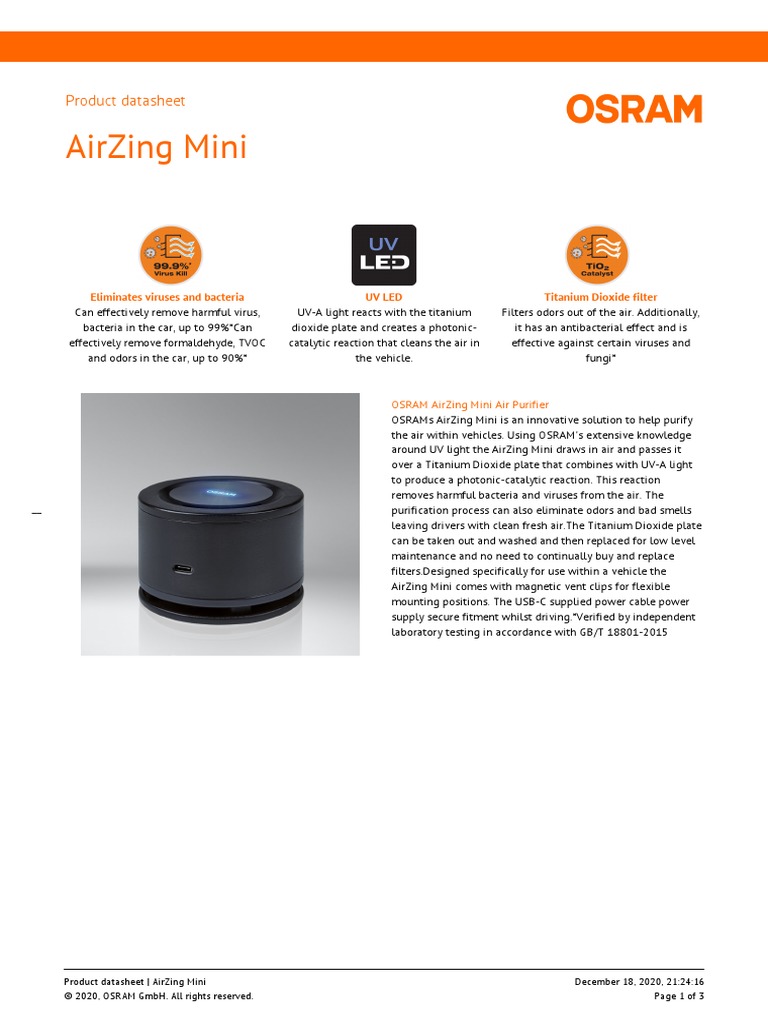 Purificateur D'air Portatif Airzing UV-Compact Pro OSRAM - Noir - Filtration HEPA